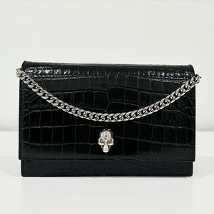 Alexander McQueen Calfskin Crocodile Embossed Skull Mini Crossbody Bag Black